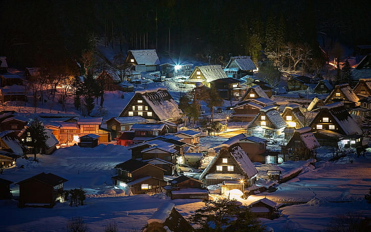 nature, village, night, trees, snow, house, Japan, lights, Shirakawa-go
