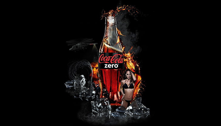 Coca-Cola Zero bottle ad, BACKGROUND, DROPS, ICE, BLACK, DRINK, HD wallpaper