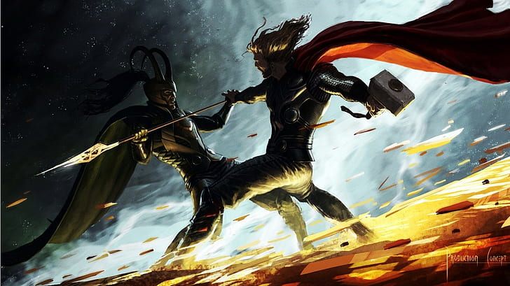 fighting, brothers, Thor, Loki, Marvel Comics, concept art, HD wallpaper