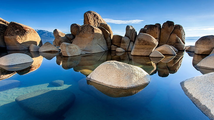 body of water near rocks, nature, sky blue, landscape, solid