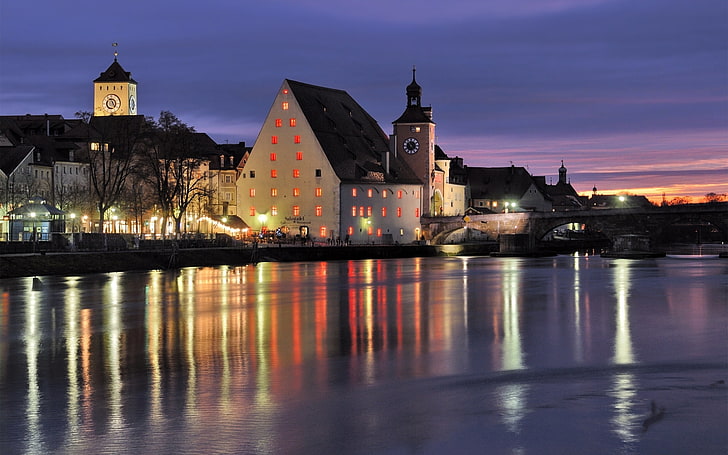Germany, Bavaria, river, reflection, lights, evening, Regensburg