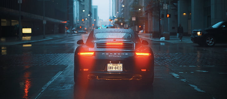 black Porsche Carrera sports coupe, lights, cityscape, rain, Porsche 911