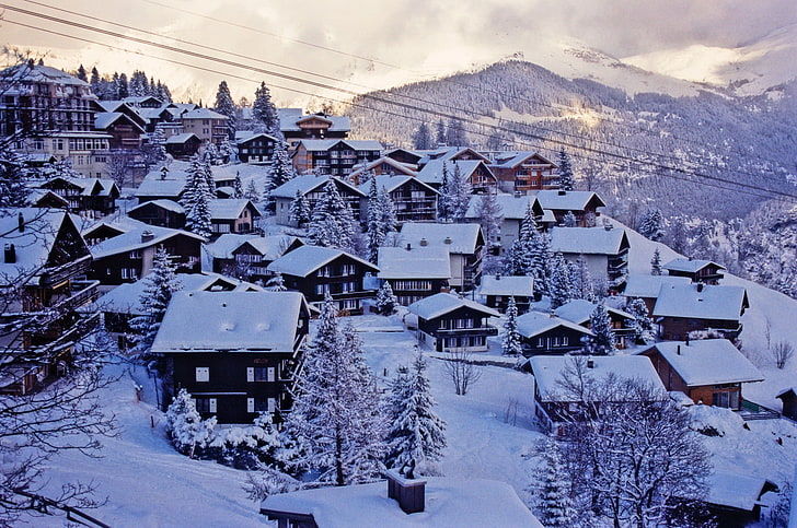 houses covered with snow, urban, Switzerland, Alps, Swiss Alps