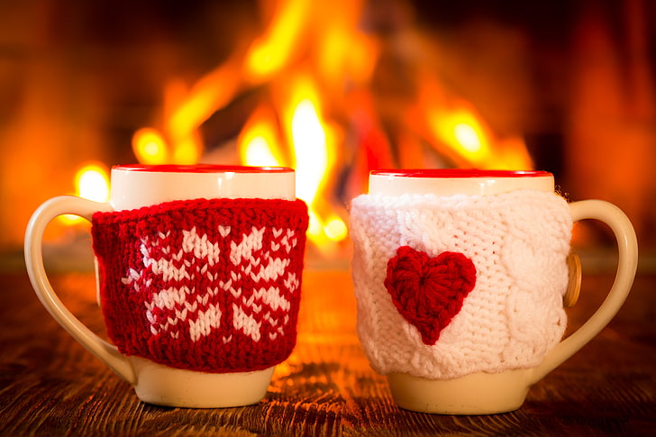 two white and red knitted cup holders, winter, coffee, hot, fire