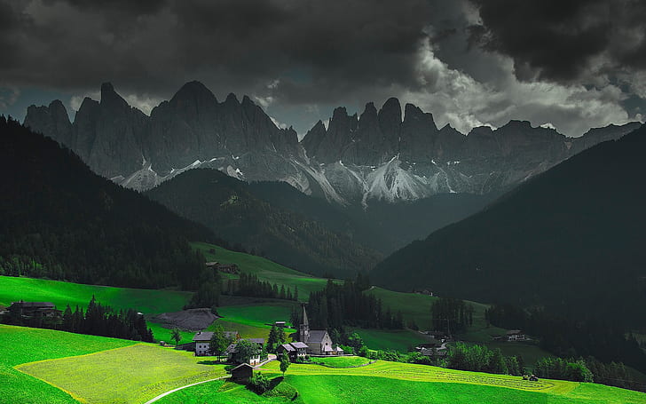 Funes Santa Maddalena Italy, mountains, landscape, HD wallpaper