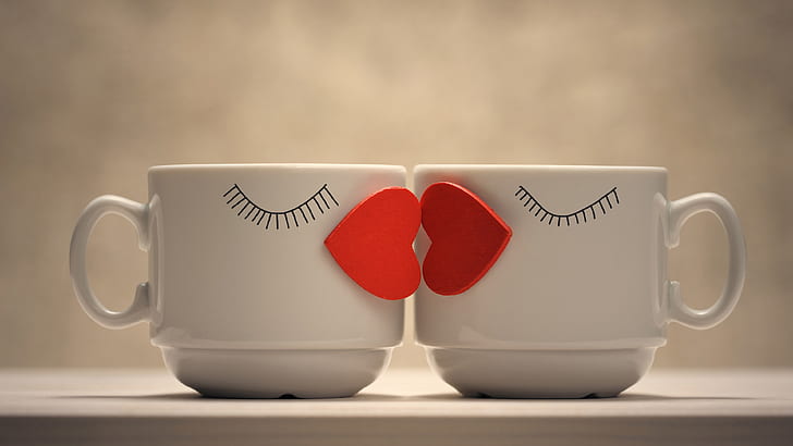 Two cups, love hearts, HD wallpaper