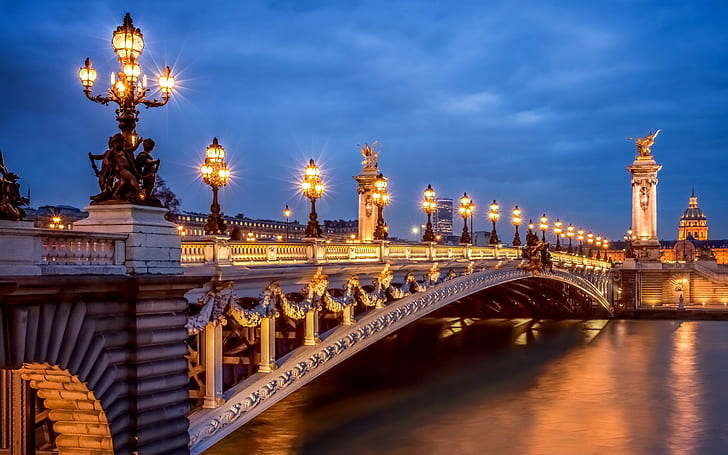 France,Pont Alexandre III, Paris, city, evening, lights, lighting, HD wallpaper