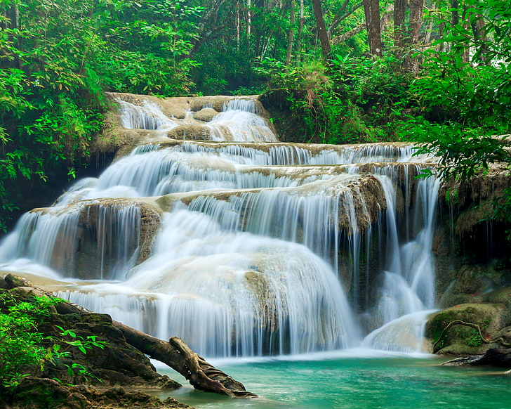 cascade waterfalls, forest, stream, Thailand, Kanchanaburi, Erawan Waterfall, HD wallpaper