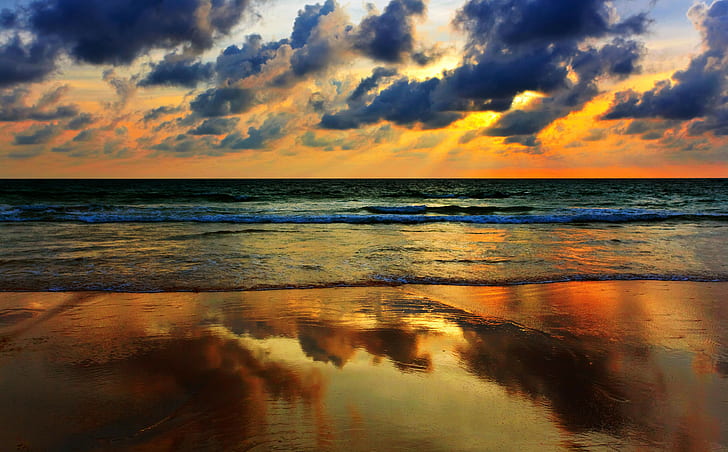 nature, sea, clouds, waves, beach, reflection, HD wallpaper