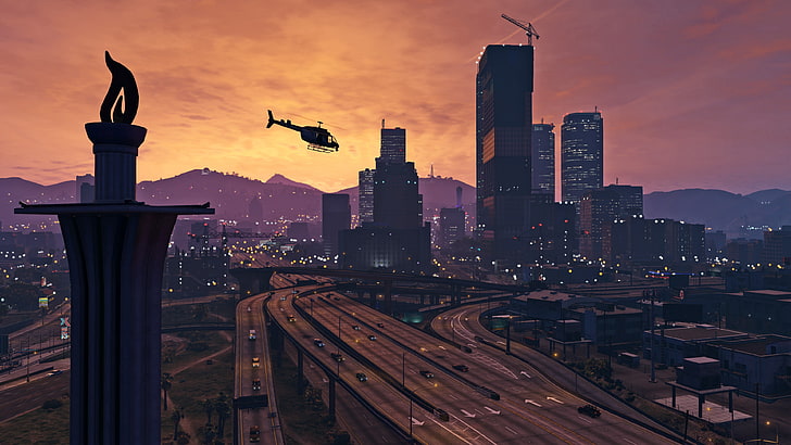 city buildings, Grand Theft Auto V, video games, PC gaming, sunset
