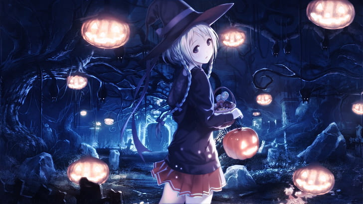 Halloween, witch hat, pumpkin, graveyards, trees, white hair, HD wallpaper