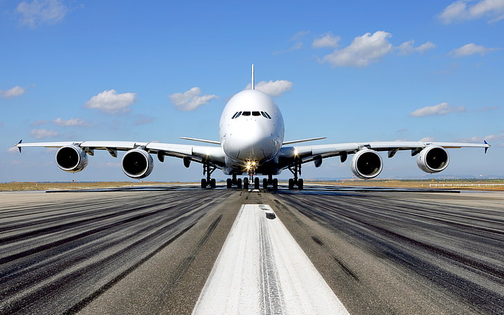 white airplane, Airbus A-380-861, A380, aircraft, runway, transportation