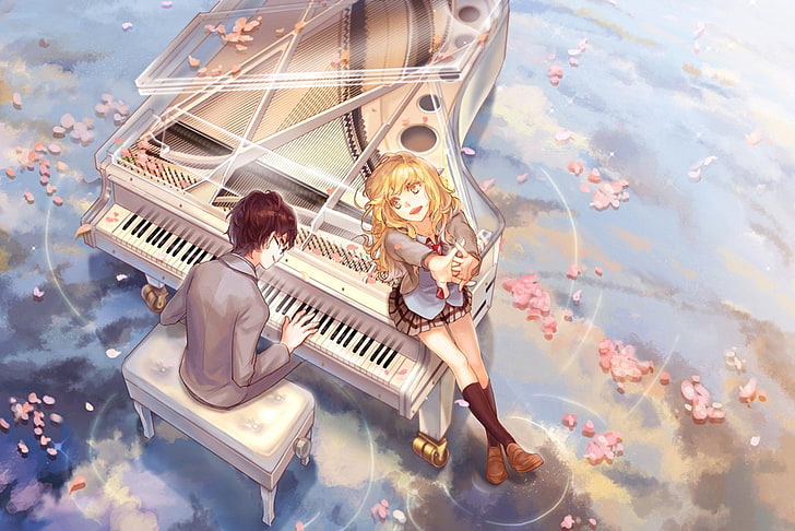 man playing piano white woman sitting beside man anime illustration