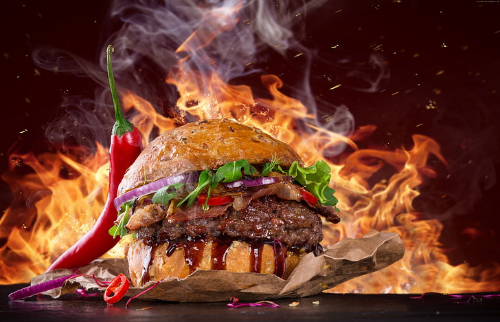 burger, steak, 5K, fire, fast food, pepper, HD wallpaper