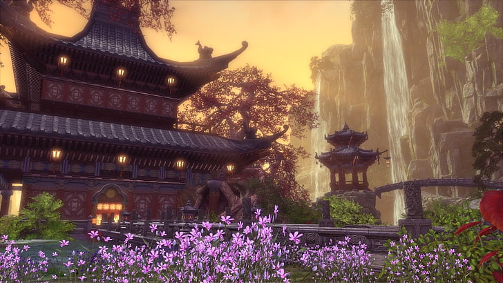 photo of pagoda surrounded by flower poster, PC gaming, Blade & Soul