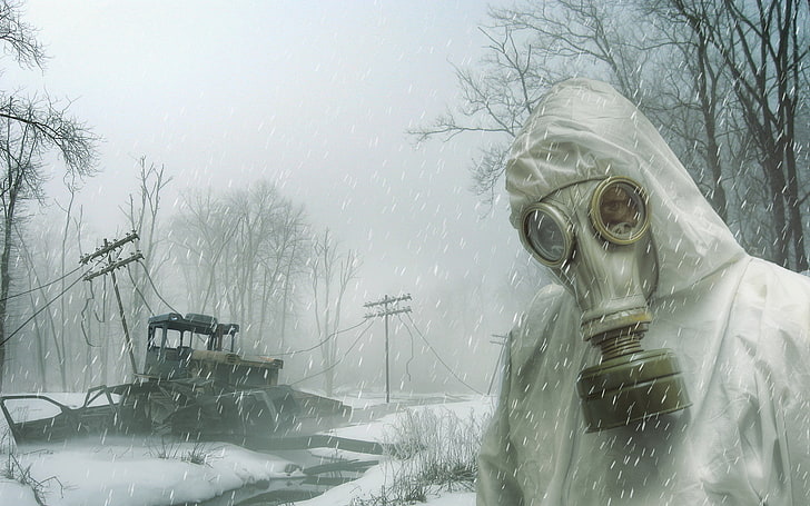 animated character wearing gas mask digital wallpaper, snow, people
