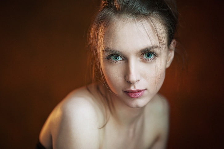 women, face, portrait, simple background, Maxim Maximov, bare shoulders, HD wallpaper