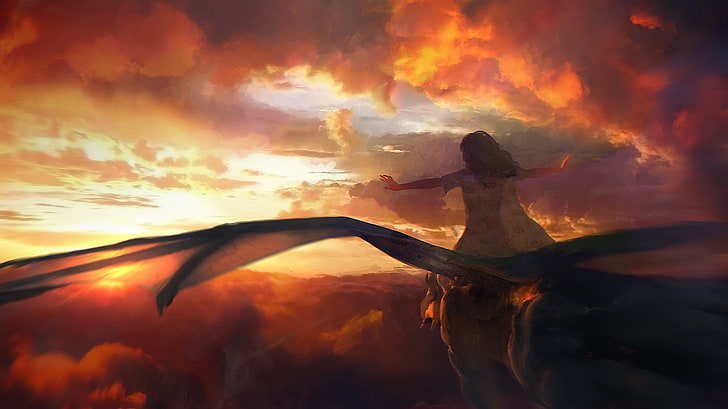 woman riding on flying animal digital wallpaper, fantasy art