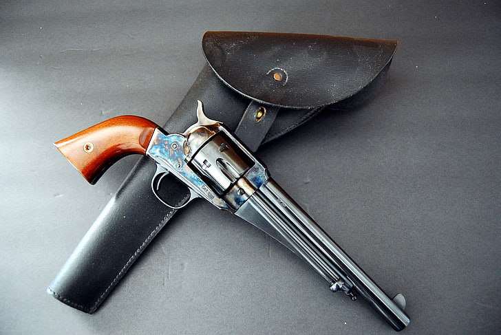 silver and brown revolver pistol, weapons, holster, Remington