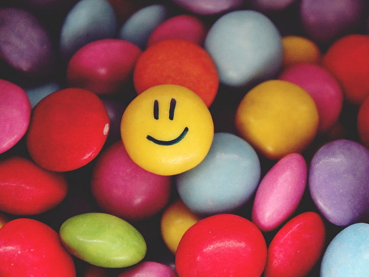 smile emoji skittles, smiley, candy, colorful, close-up, multi colored, HD wallpaper