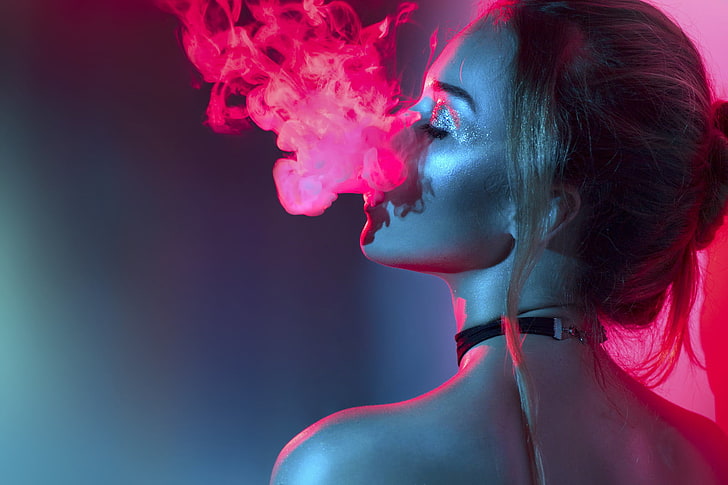 women's black choker, model, necklace, closed eyes, profile, smoke, HD wallpaper