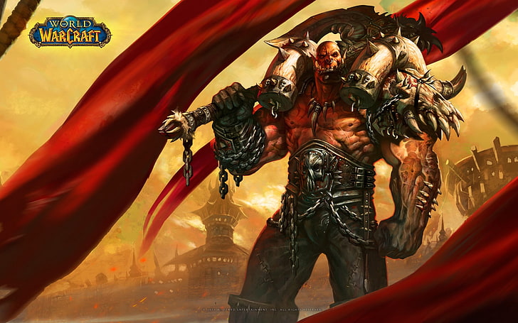 World of Warcraft game cover, garrosh hellscream, red, flag, symbol