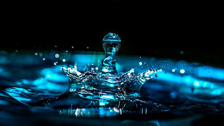 waterdrop, blue, splash, darkness, special effects, splashing, HD wallpaper