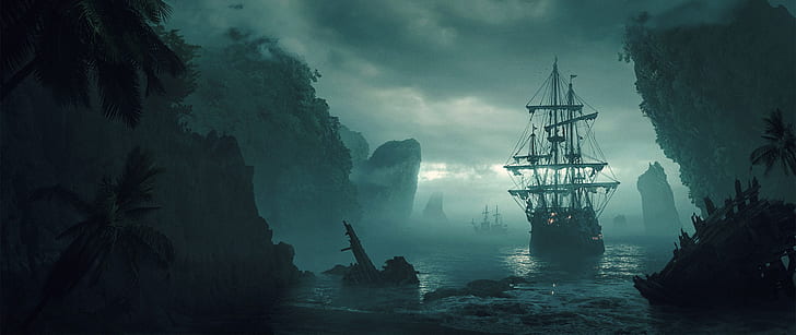 galleon ship game wallpaper, ultra-wide, sailing ship, fog, nature