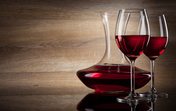 two clear wine glasses, red, shadow, decanter, alcohol, wineglass, HD wallpaper