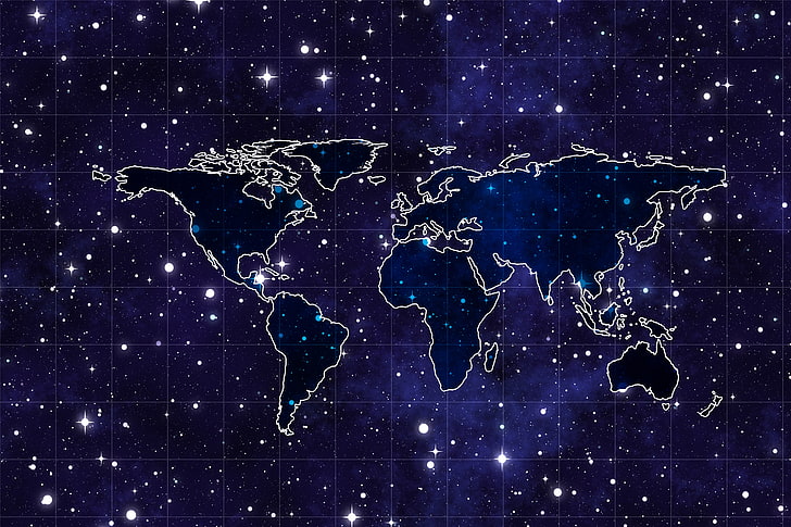 galaxy-themed world map graphics, space, continents, blue, backgrounds, HD wallpaper