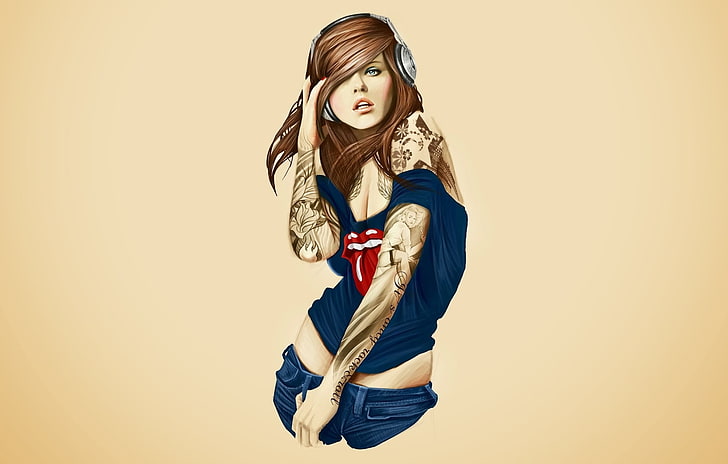 women in blue sleeveless top, cartoon, headphones, artwork, tattoo, HD wallpaper
