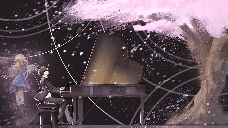 man playing piano with ocean waves background anime, anime girls