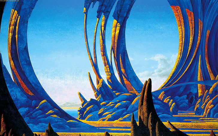blue and yellow bird painting, Roger Dean, Yes, progressive rock