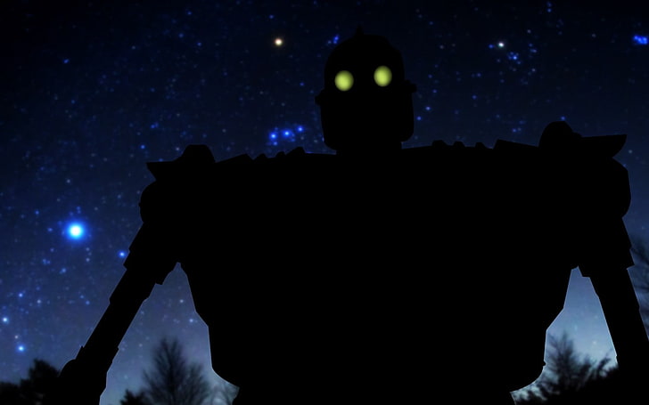 The Iron Giant, glowing eyes, night, silhouette, space, one person, HD wallpaper