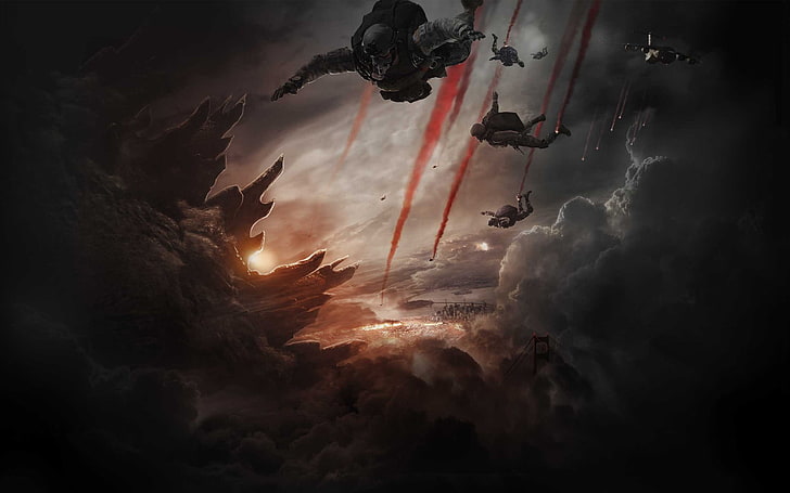 Godzilla digital wallpaper, movies, skydiving, cloud - sky, nature