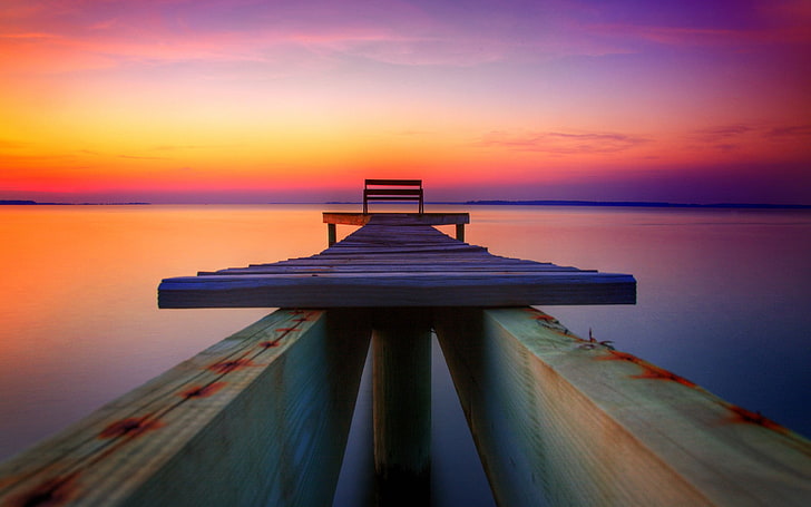 brown wooden dock at golden hour, sunset, pier, sunlight, sea, HD wallpaper