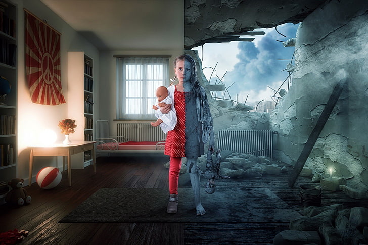 girl's red shirt, collage, children, war, ruin, interior, puppets, HD wallpaper