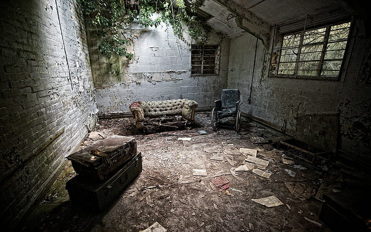 couch, abandoned, dark, room, ruin, HD wallpaper