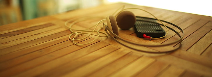 beige headphones, music, technology, selective focus, communication, HD wallpaper