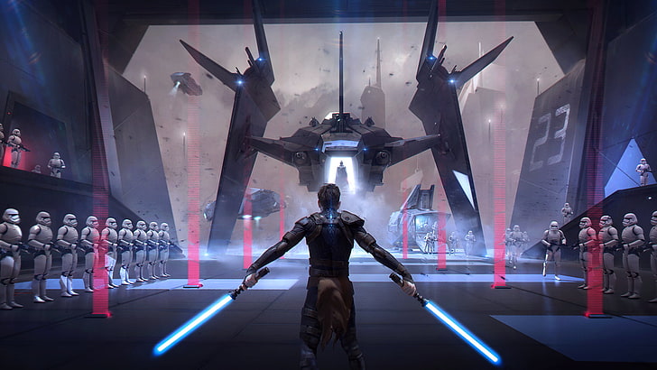 Star Wars videogame screenshot, stormtrooper, lightsaber, Sith