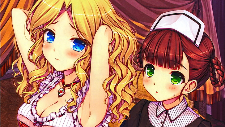 anime, anime girls, blonde, blue eyes, green eyes, long hair, HD wallpaper