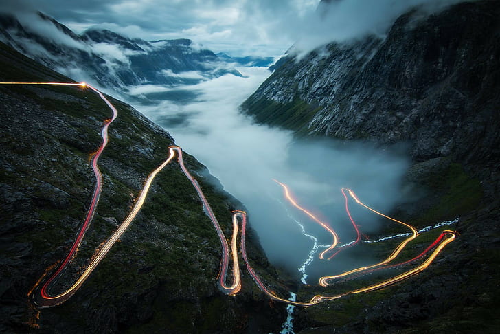Trollstigen, mist, mountains, blue, night, lights, Europe, Tourism, HD wallpaper
