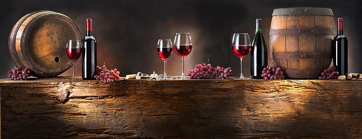 several wine bottles, barrels, and glasses, red, grapes, bunches, HD wallpaper