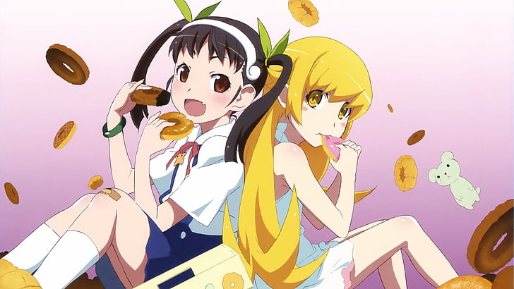 two black-and-yellow-haired female anime characters, Monogatari Series