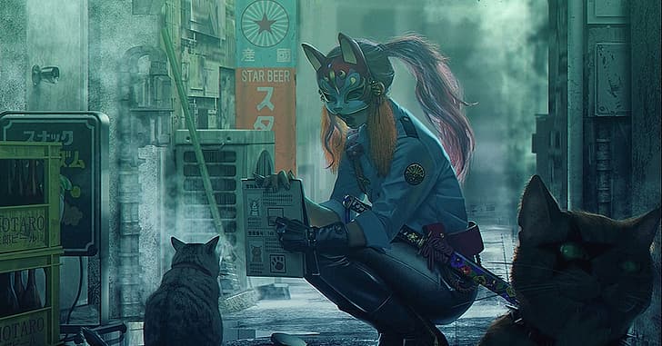 digital art, fox mask, japanese sword, HD wallpaper