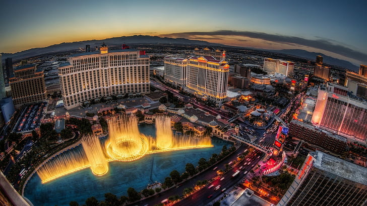 Las Vegas, USA, city, cityscape, fountain, bird's eye view, HD wallpaper