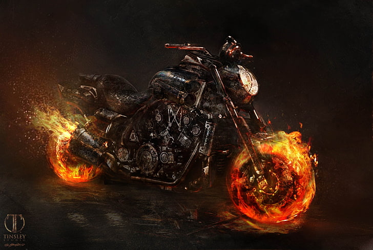 black motorcycle painting, bike, ghost rider, Ghost rider 2, Yamaha V max, HD wallpaper