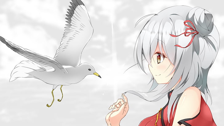 Hd Wallpaper Anime Girl Profile View White Hair Bird Animal