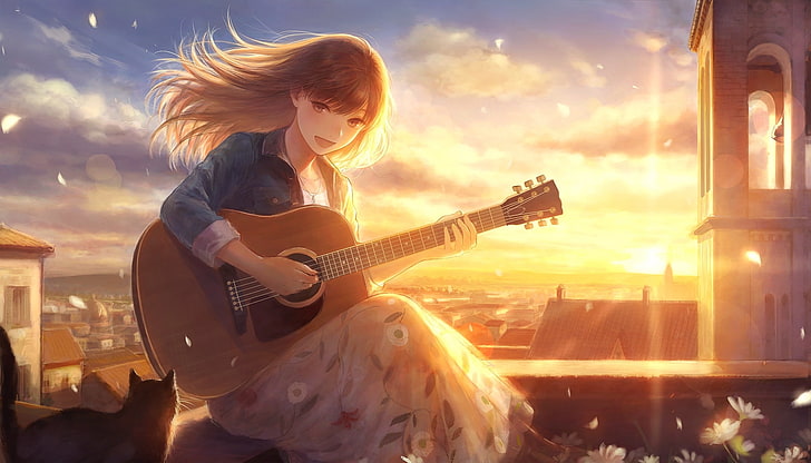 HD wallpaper: anime girl, singing, sunlight, guitar, instrument, flowers |  Wallpaper Flare