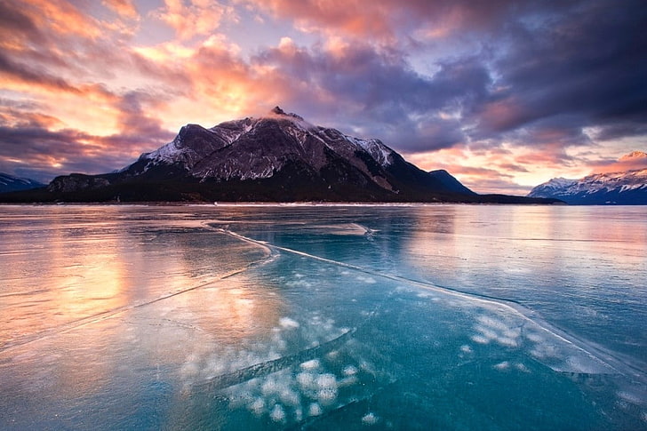 body of water, mountains, winter, lake, clouds, ice, frost, Canada